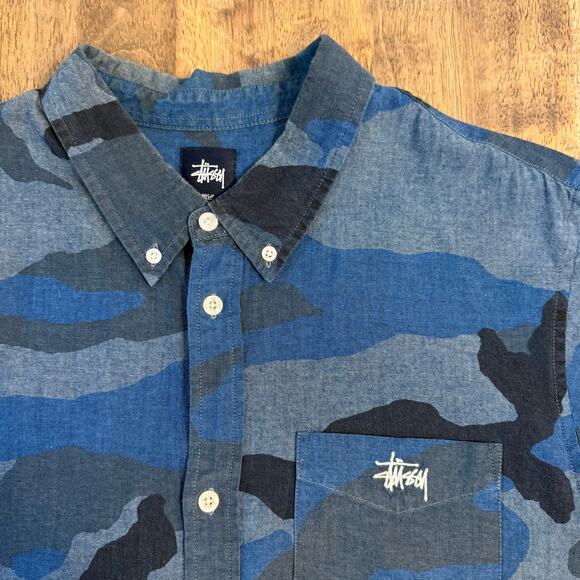 Stussy VTG Casual Button Front Shirt Blue Camouflage Long Sleeve Mens Size Large - Picture 4 of 11